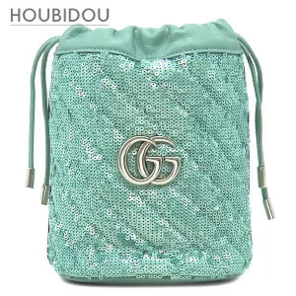 Gucci GG Marmont Sequin Bucket Shoulder Bag Leather Emerald Gray